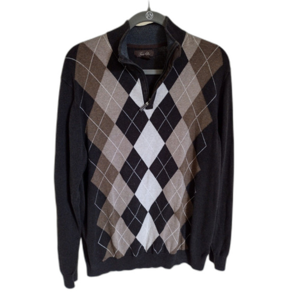 Tasso Elba Men's Pullover Sweater 1/4 zip Argyle Gray Brown Sz Medium - Picture 1 of 3